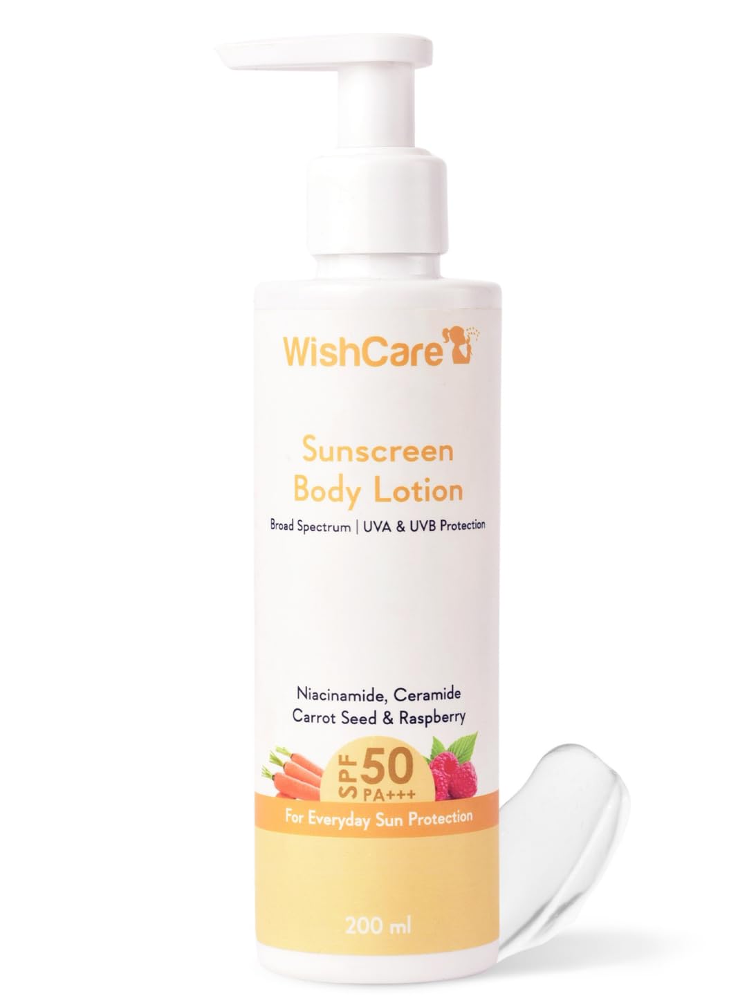 WishCare Sunscreen Body Lotion with SPF 50 PA+++ In- Vivo Tested | Body Sunscreen With Broad Spectrum UVA & UVB Protection, No White Cast | With Carrot Seed & Raspberry | For All Skin Types | For Women & Men | 200ml