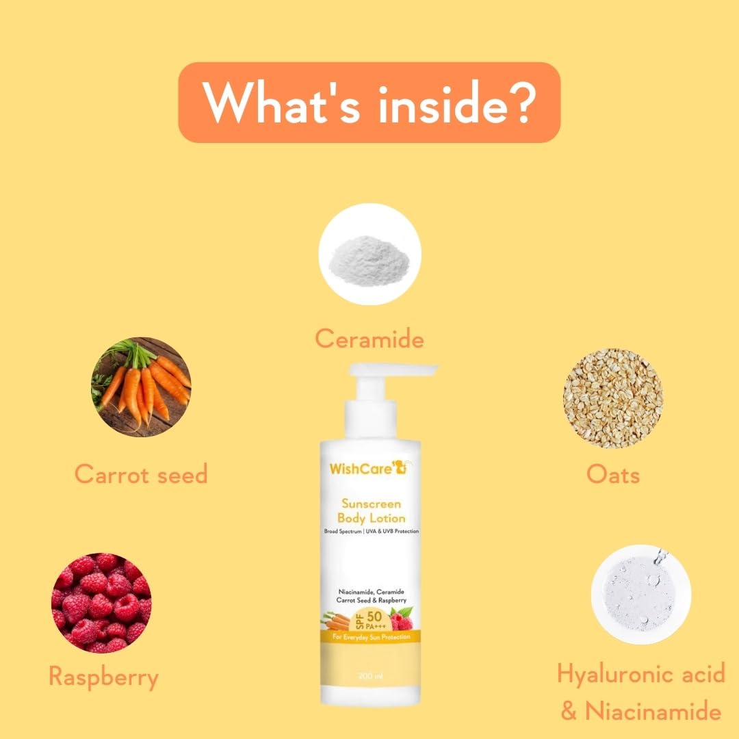 WishCare Sunscreen Body Lotion with SPF 50 PA+++ In- Vivo Tested | Body Sunscreen With Broad Spectrum UVA & UVB Protection, No White Cast | With Carrot Seed & Raspberry | For All Skin Types | For Women & Men | 200ml