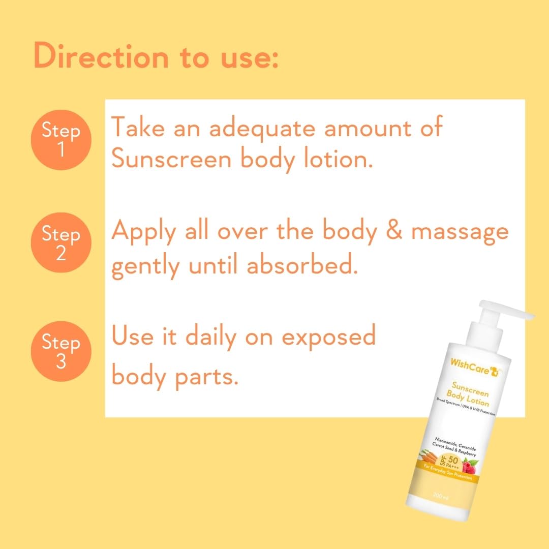 WishCare Sunscreen Body Lotion with SPF 50 PA+++ In- Vivo Tested | Body Sunscreen With Broad Spectrum UVA & UVB Protection, No White Cast | With Carrot Seed & Raspberry | For All Skin Types | For Women & Men | 200ml