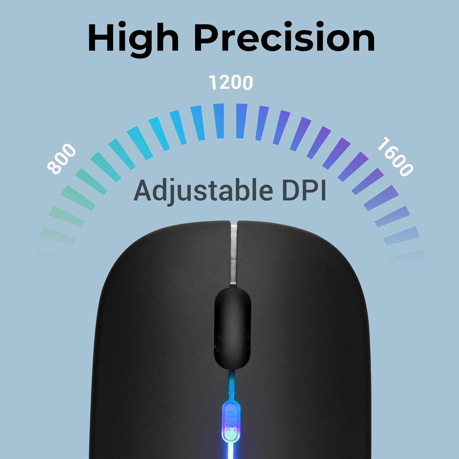 ZEBRONICS Blanc Slim Wireless Mouse with Rechargeable Battery, BT + 2.4GHz, 4 Buttons, 800/1200/1600 DPI, Silent Operation, Multicolor LED Lights