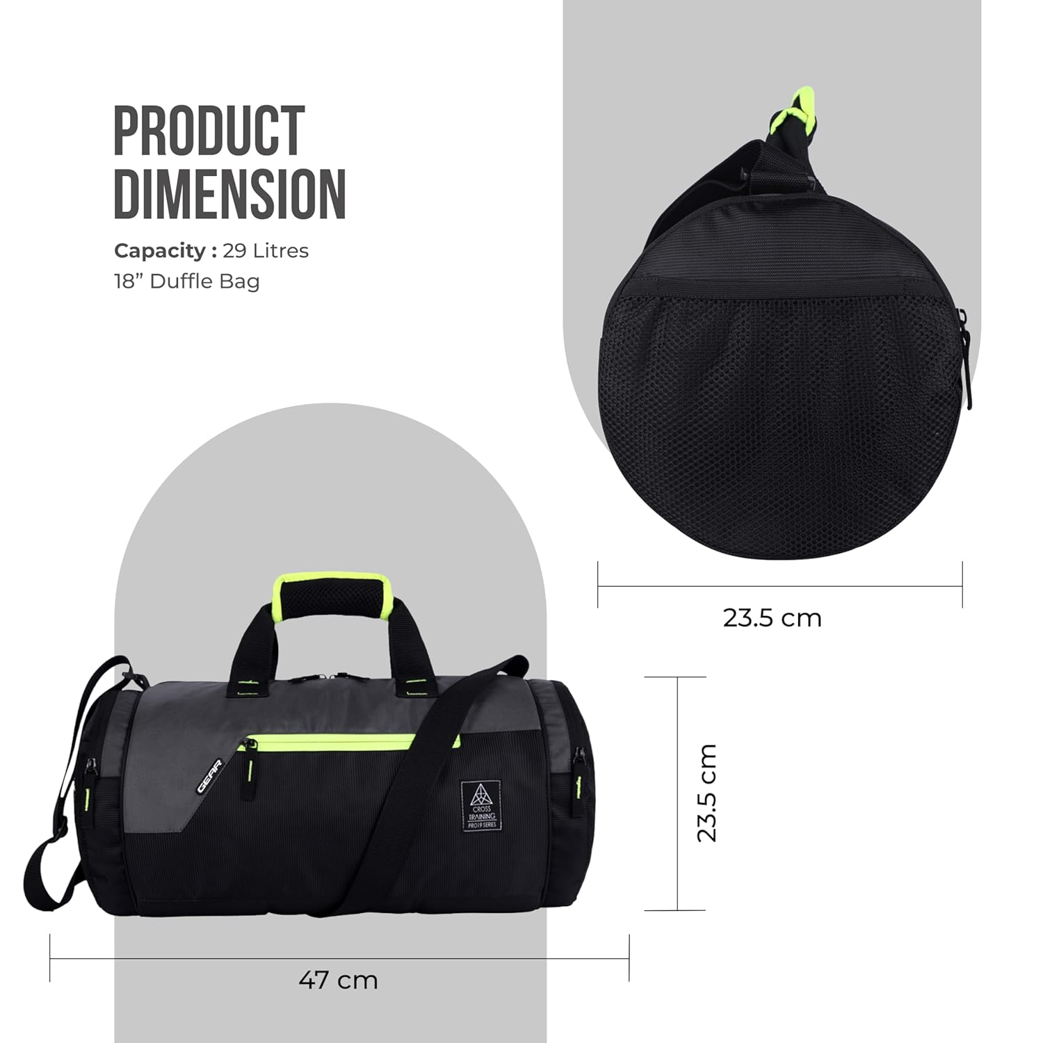 Gear Cross Training 9"/29L Large Water Resistant Duffle Bag | Travel Bag | Gym Bag for Men & Women (Black - Grey)