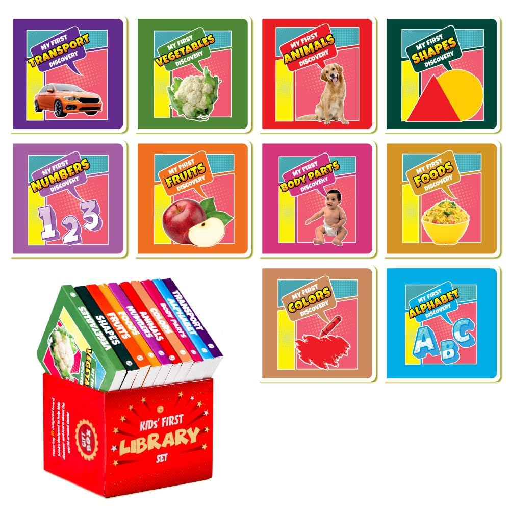 My First Library Set of 10 Board Books for Kids, Early Learning Book for Babies & Toddlers, Alphabets, Body Parts, Numbers, 1-3 Years (Kids' First Library Box Set)
