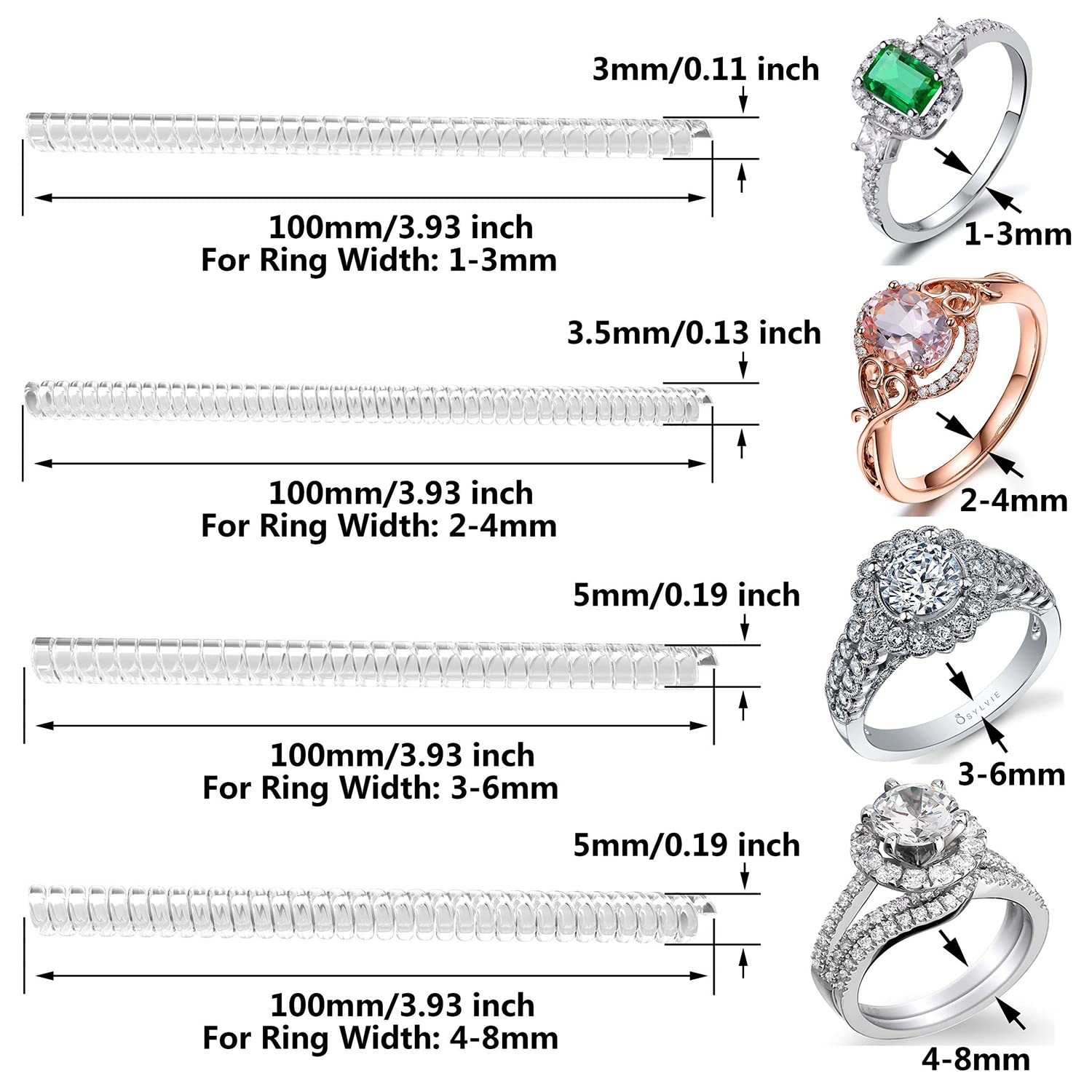 Ring Size Adjuster for Loose Rings - 4 Sizes Clear Ring Sizer Resizer Fit Spiral Silicone Tightener Set(4 Pcs)