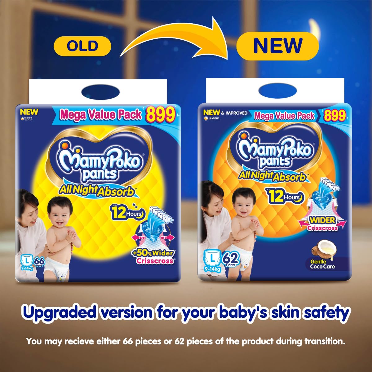 Mamypoko pants All night absorb| Pant Style Baby Diapers Large Size(L), 62 Count, Ideal for 9-14Kgs|1 Diaper= Upto All night Absorption|Wider Crisscross Sheet|Gentle Coco Care| 12hr Leakage Protection| Prevents Heaviness.