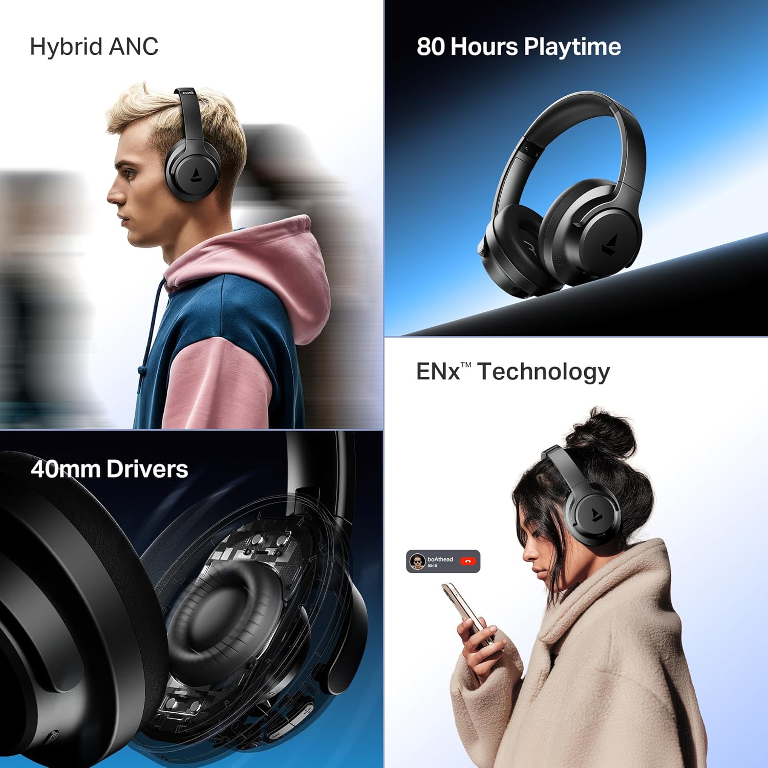 Boat Rockerz 512 ANC,(~40dB) Hybrid ANC, 80H Battery, 40mm Drivers, 40ms Low Latency, ENx Tech,Stream Ad Free Music via App Support, Bluetooth Headphones, Wireless Headphone with Mic (Cosmic Black)