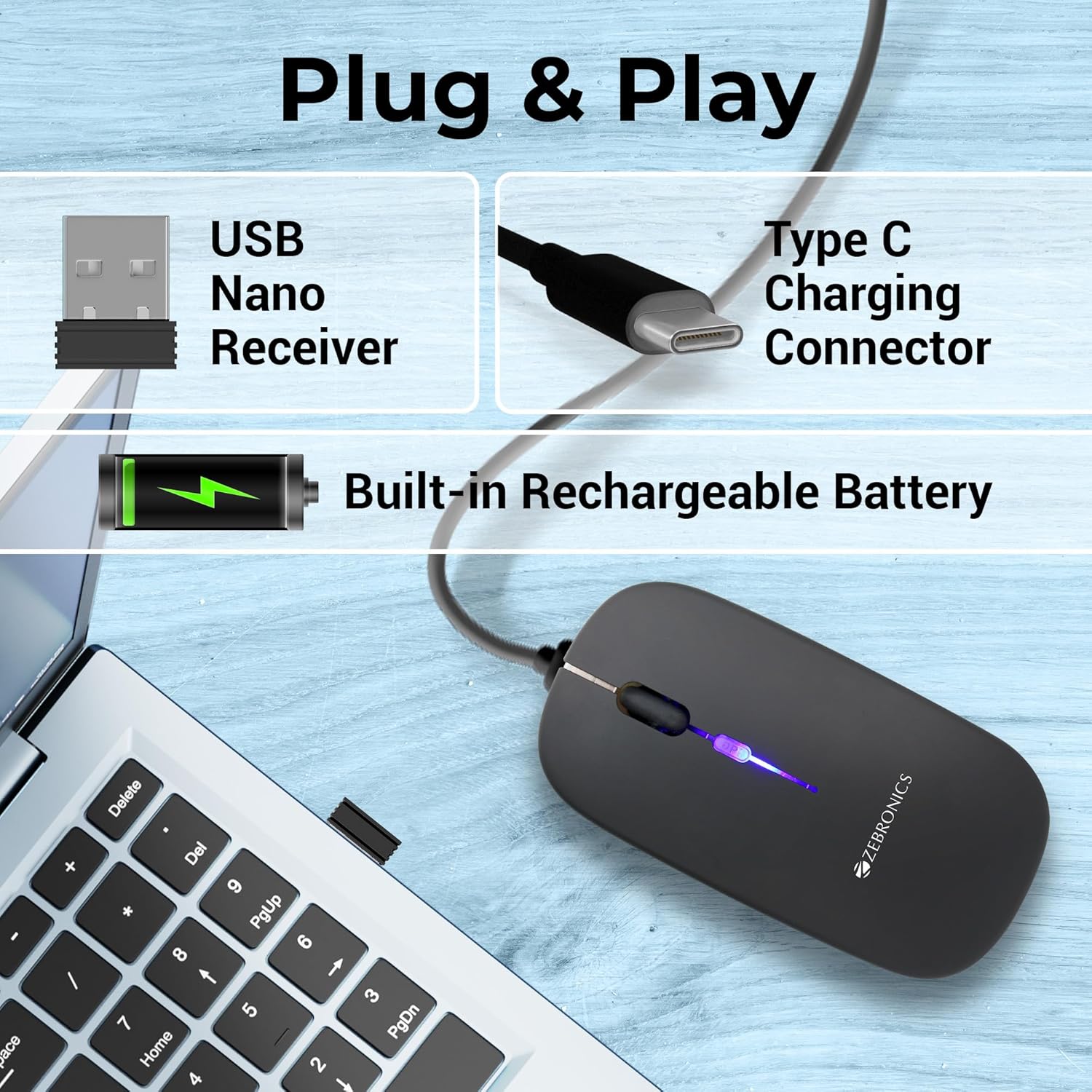 ZEBRONICS Blanc Slim Wireless Mouse with Rechargeable Battery, BT + 2.4GHz, 4 Buttons, 800/1200/1600 DPI, Silent Operation, Multicolor LED Lights