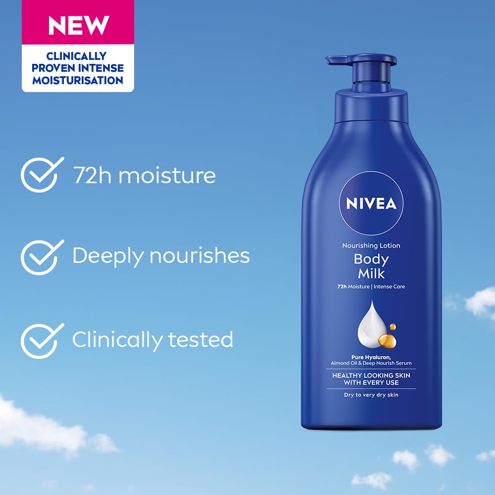NIVEA Nourishing Body Milk 600ml Body Lotion with Hyaluronic Acid | 72Hr Hydration | Deep Moisture Care for Very Dry Skin | Enriched with Almond Oil | Smooth, Radiant & Healthy Looking Skin Care