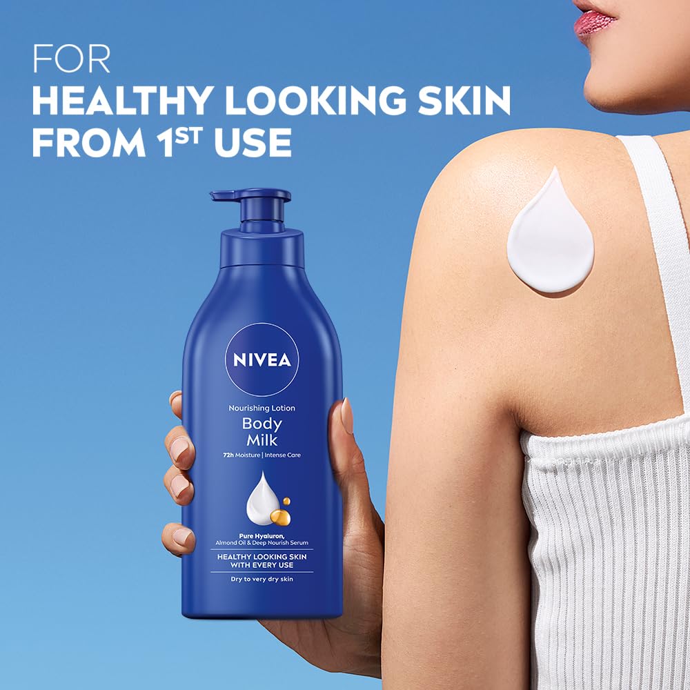 NIVEA Nourishing Body Milk 600ml Body Lotion with Hyaluronic Acid | 72Hr Hydration | Deep Moisture Care for Very Dry Skin | Enriched with Almond Oil | Smooth, Radiant & Healthy Looking Skin Care