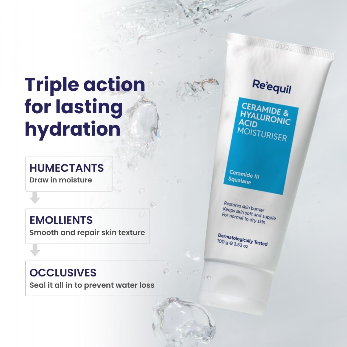 RE' EQUIL Ceramide & Hyaluronic Acid Moisturiser | Moisturizer For Face | Barrier Repair Cream | Long Lasting Hydration | Suitable For Normal To Dry Skin | 100G