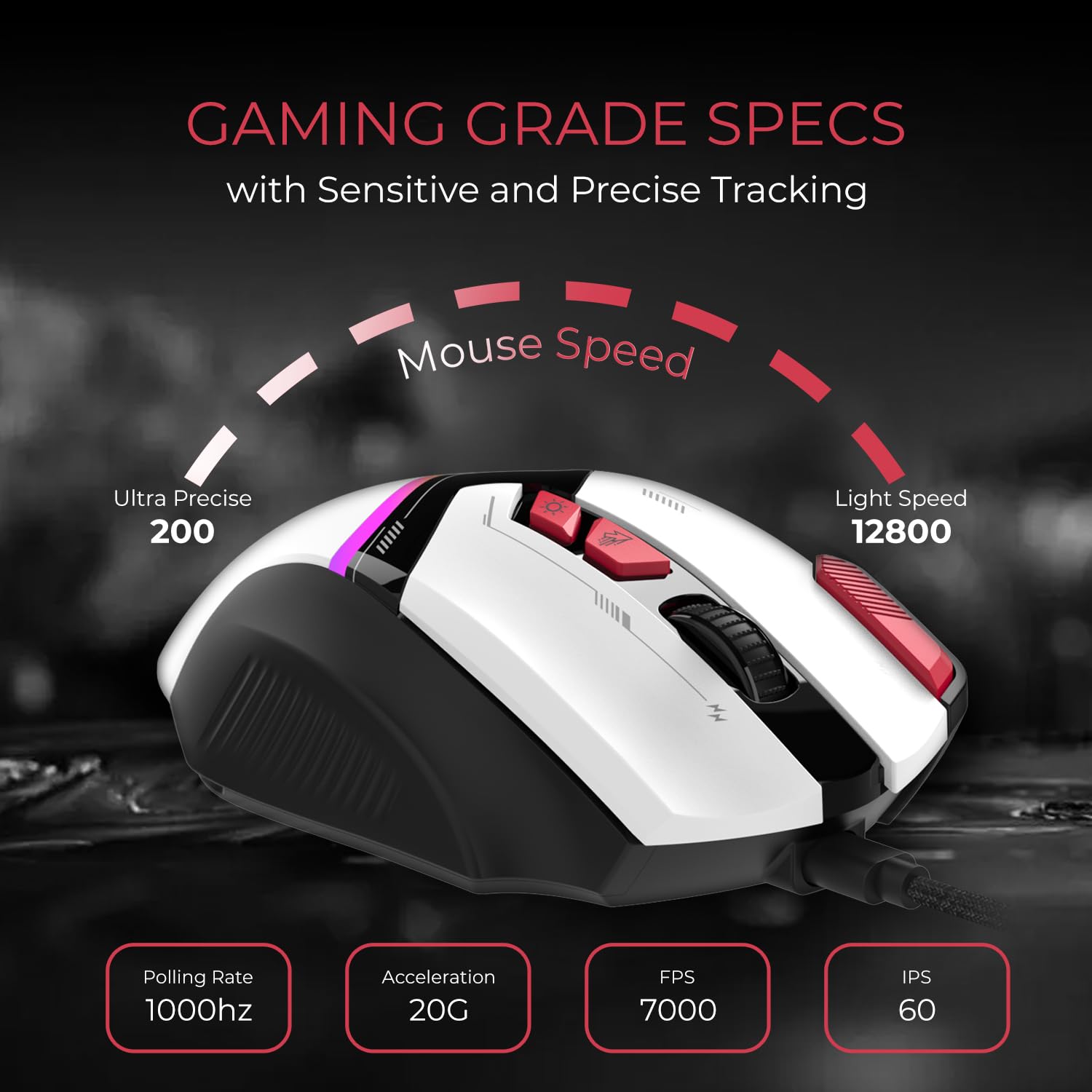 EvoFox Blaze Ultra Value 8 Button Programmable Gaming Mouse with 1000Hz Polling Rate | Gaming Grade DPI 200 to 12800 | Ultra-Responsive 7000fps | RGB Lights with Music sync Mode | Windows Software