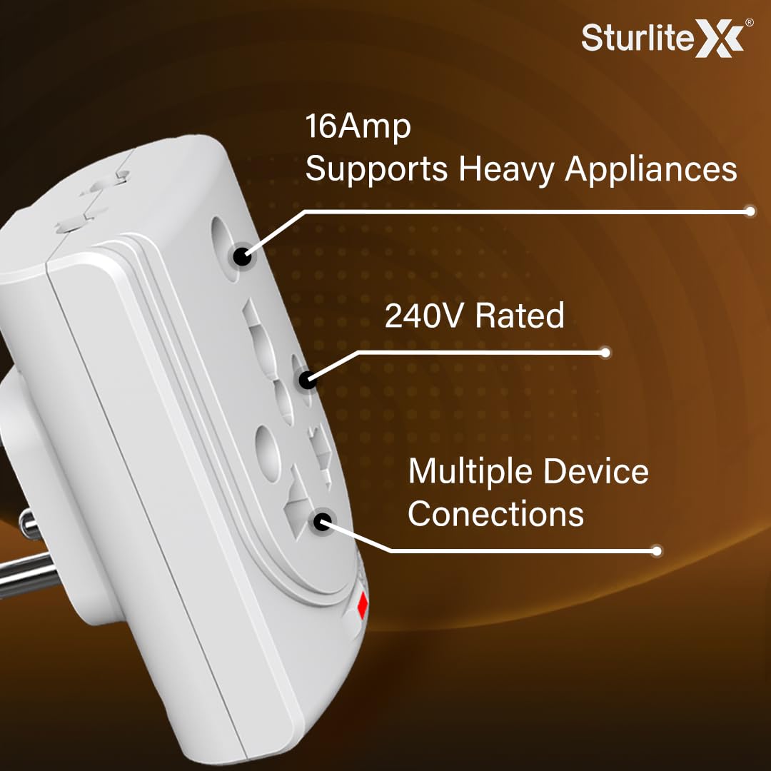 Sturlite Konvert Multiplug| 6-16 Amp| 2-Pin & 3-Pin Socket| Universal AC Travel Adapter| Premium Polycarbonate Body Socket| Compact Converter Plug for Travel, Home & Office Use - Pack of 1