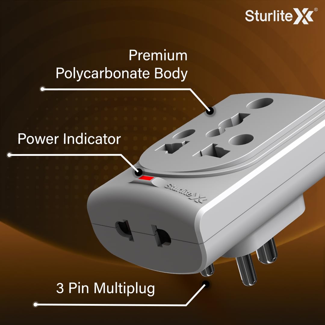 Sturlite Konvert Multiplug| 6-16 Amp| 2-Pin & 3-Pin Socket| Universal AC Travel Adapter| Premium Polycarbonate Body Socket| Compact Converter Plug for Travel, Home & Office Use - Pack of 1