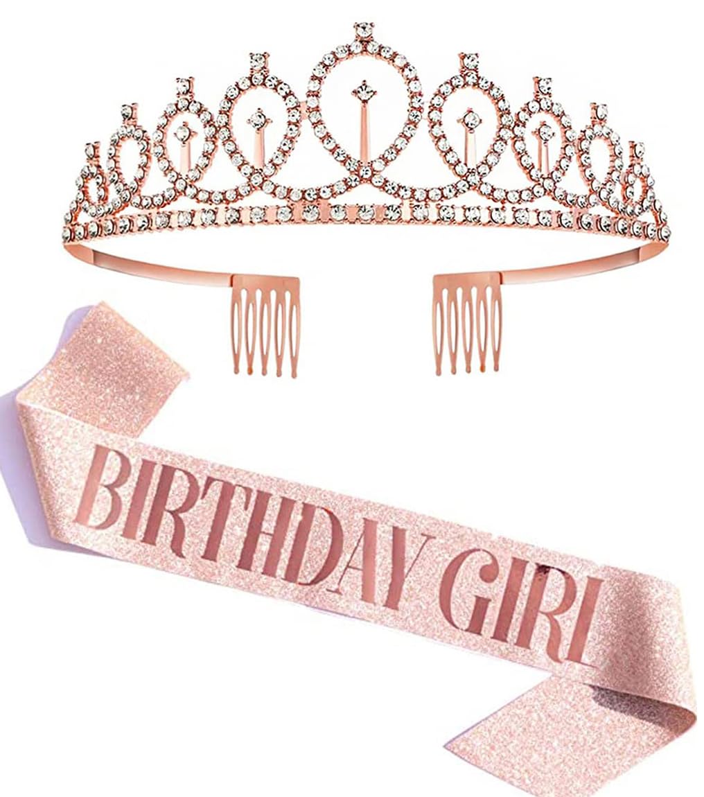 Shining Diva Fashion Latest Stylish Birthday Sash and Crown - Pack of 2 Pcs | Birthday Queen Crown | Birthday Gifts for Best Friend, Sister, Teenager | Birthday Decorations Items