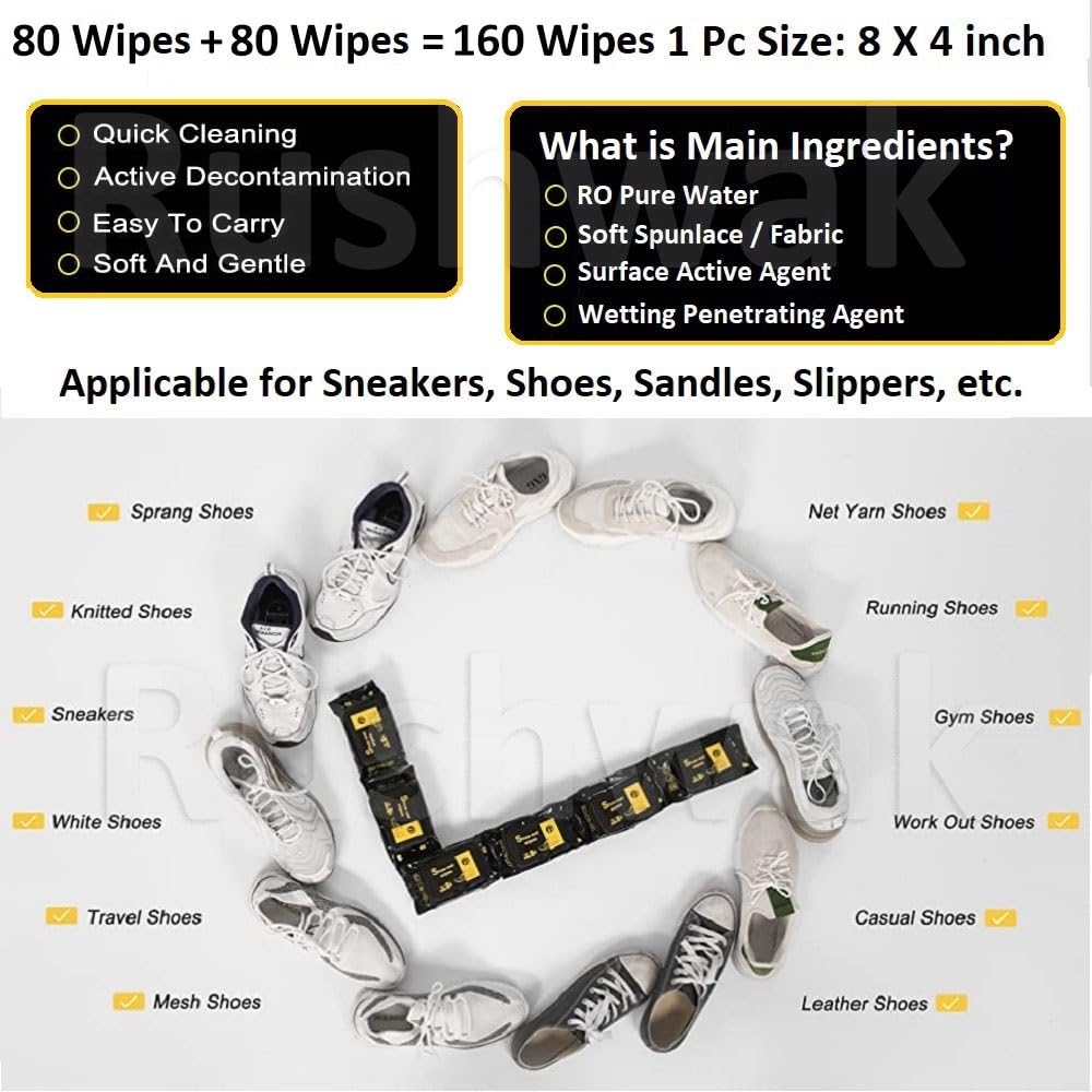 Rushwak Shoe Wipes (80 + 80 Wipes) Sneaker Wipes Instant Sneaker Cleaner Shoe Cleaning Wipes Sneaker Wipes for Shoes Quick Remove Dirt Stain Shoe Cleaner Wipes Shoe Wipes for Sneakers Cleaning Kit