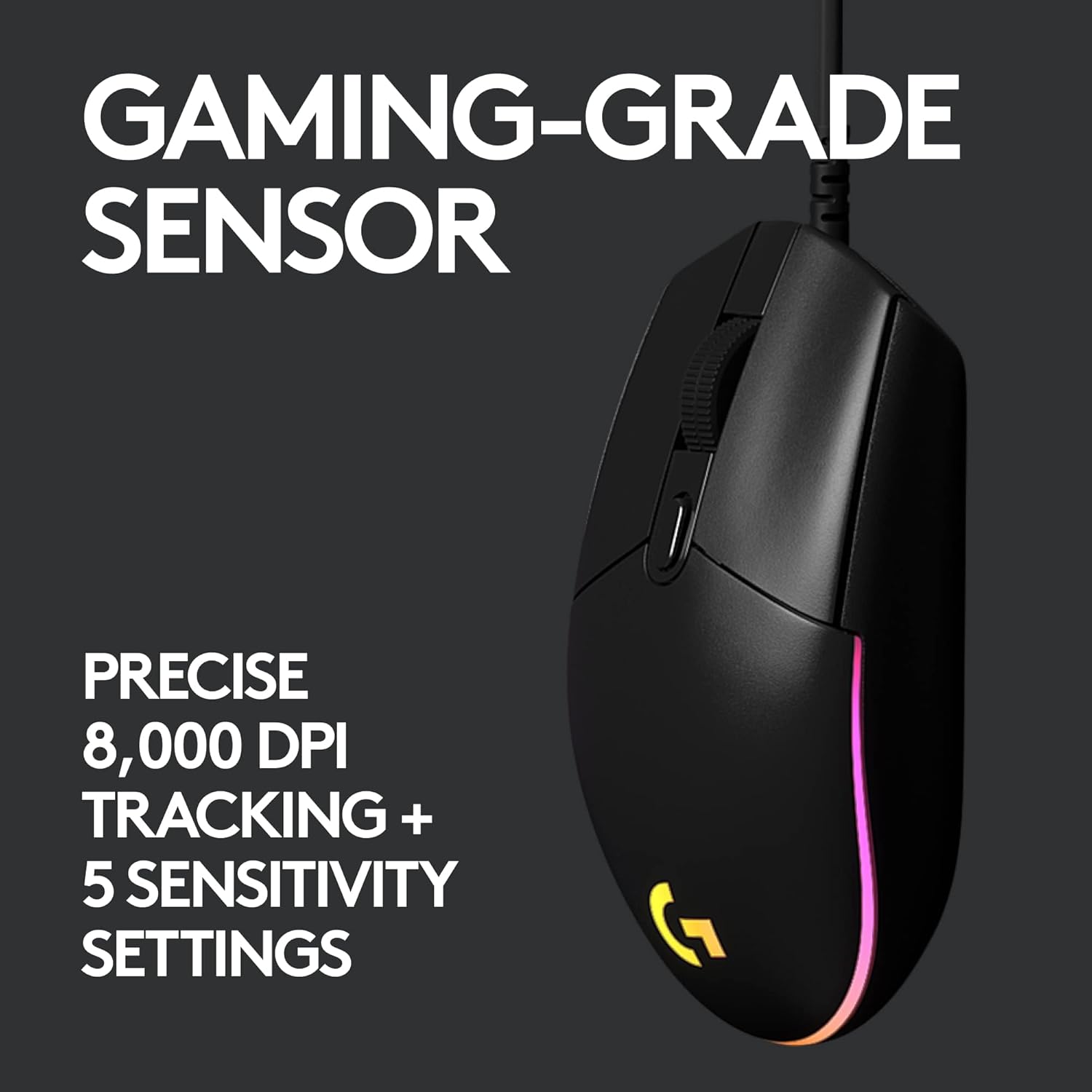Logitech G102 Light Sync Gaming Mouse with Customizable RGB Lighting, 6 Programmable Buttons, Gaming Grade Sensor, 8K DPI Tracking,16.8mn Color, Light Weight - Black