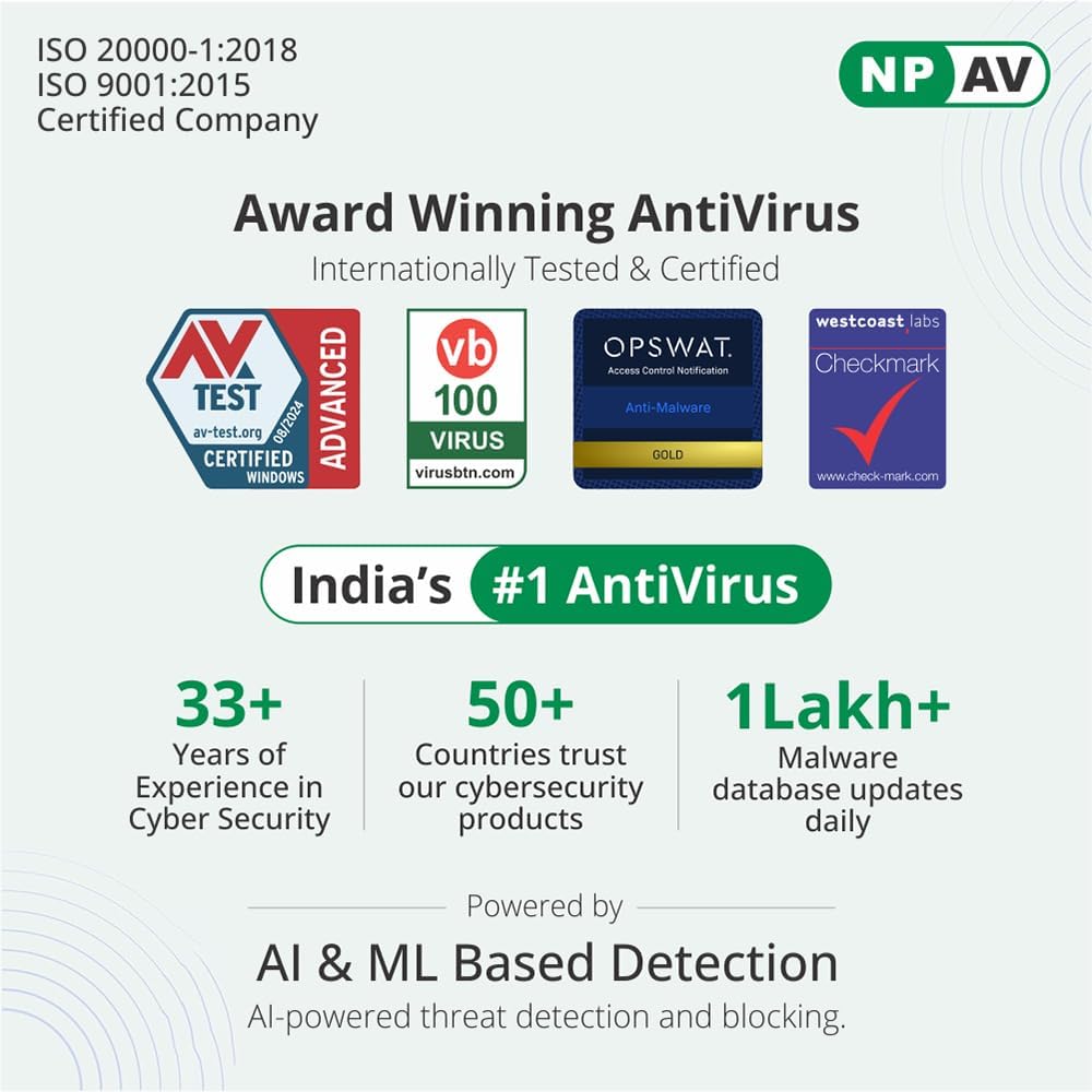 Net Protector Antivirus - Total Security 2026 | Windows PC/Laptop | 1 Year - 1 PC with ZeroVDeepLearn Ai (Email Delivery in 1 Hour - No CD)