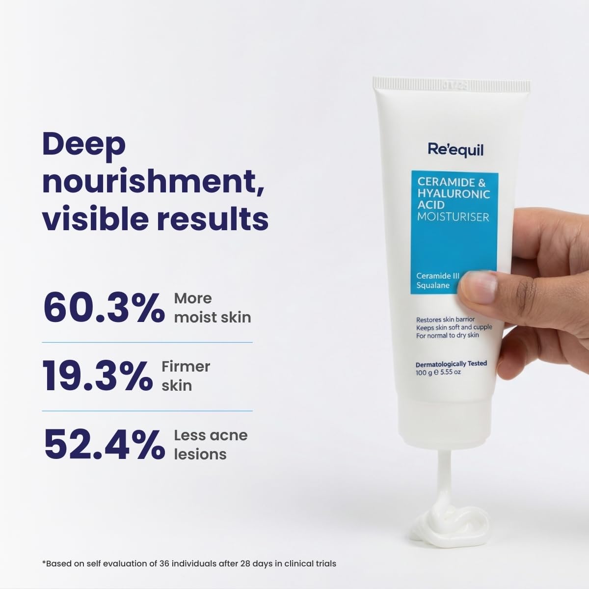 RE' EQUIL Ceramide & Hyaluronic Acid Moisturiser | Moisturizer For Face | Barrier Repair Cream | Long Lasting Hydration | Suitable For Normal To Dry Skin | 100G