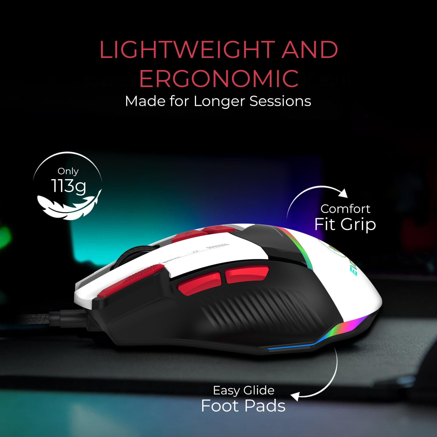 EvoFox Blaze Ultra Value 8 Button Programmable Gaming Mouse with 1000Hz Polling Rate | Gaming Grade DPI 200 to 12800 | Ultra-Responsive 7000fps | RGB Lights with Music sync Mode | Windows Software