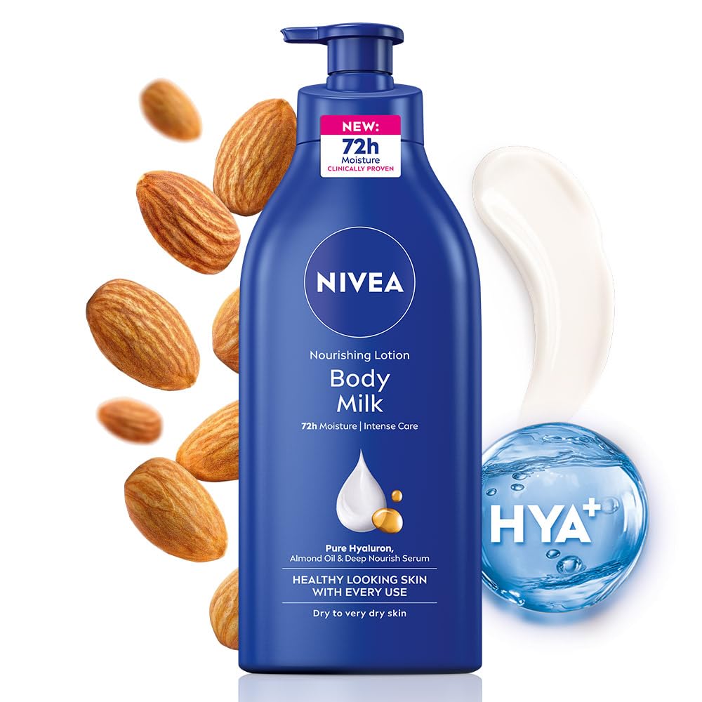 NIVEA Nourishing Body Milk 600ml Body Lotion with Hyaluronic Acid | 72Hr Hydration | Deep Moisture Care for Very Dry Skin | Enriched with Almond Oil | Smooth, Radiant & Healthy Looking Skin Care