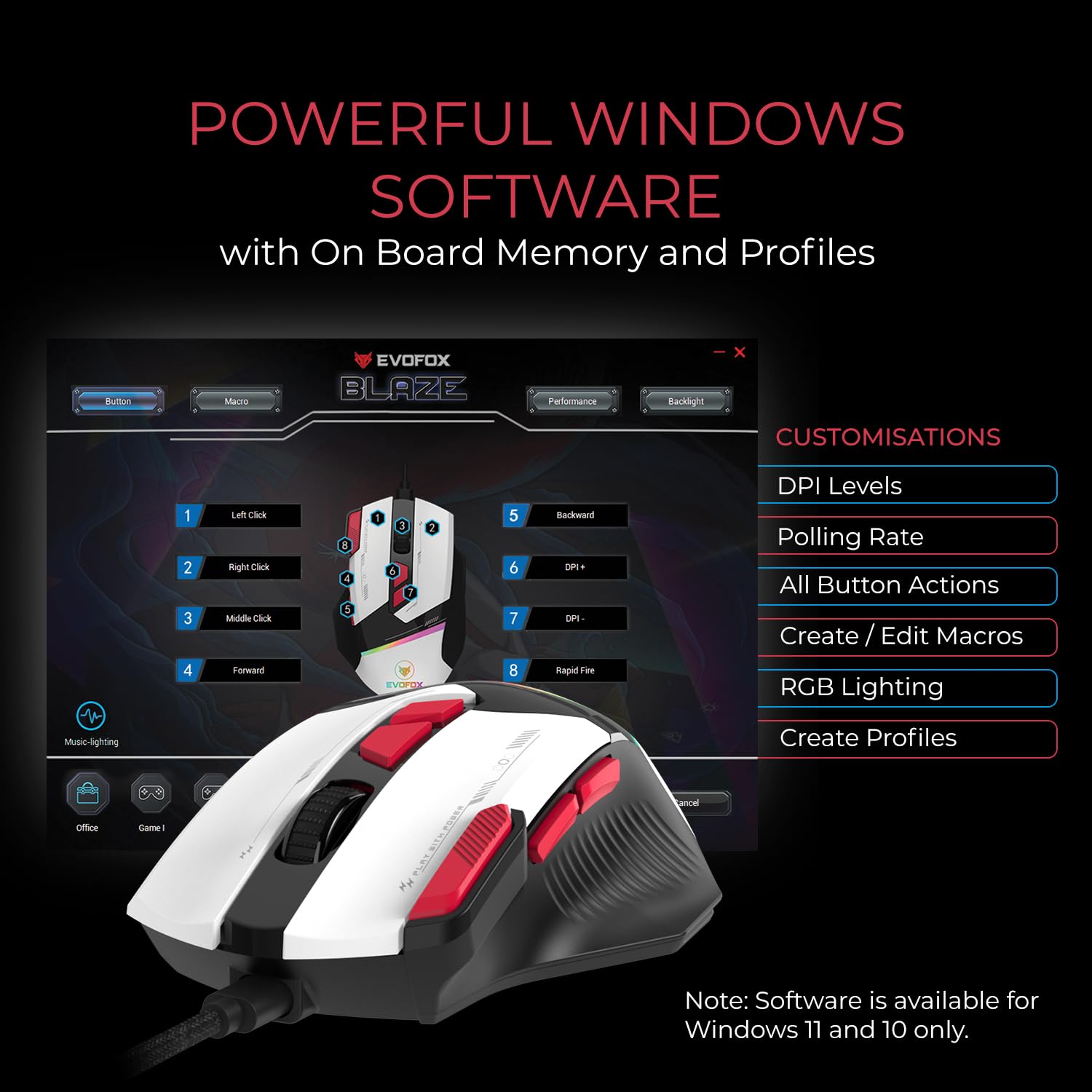 EvoFox Blaze Ultra Value 8 Button Programmable Gaming Mouse with 1000Hz Polling Rate | Gaming Grade DPI 200 to 12800 | Ultra-Responsive 7000fps | RGB Lights with Music sync Mode | Windows Software