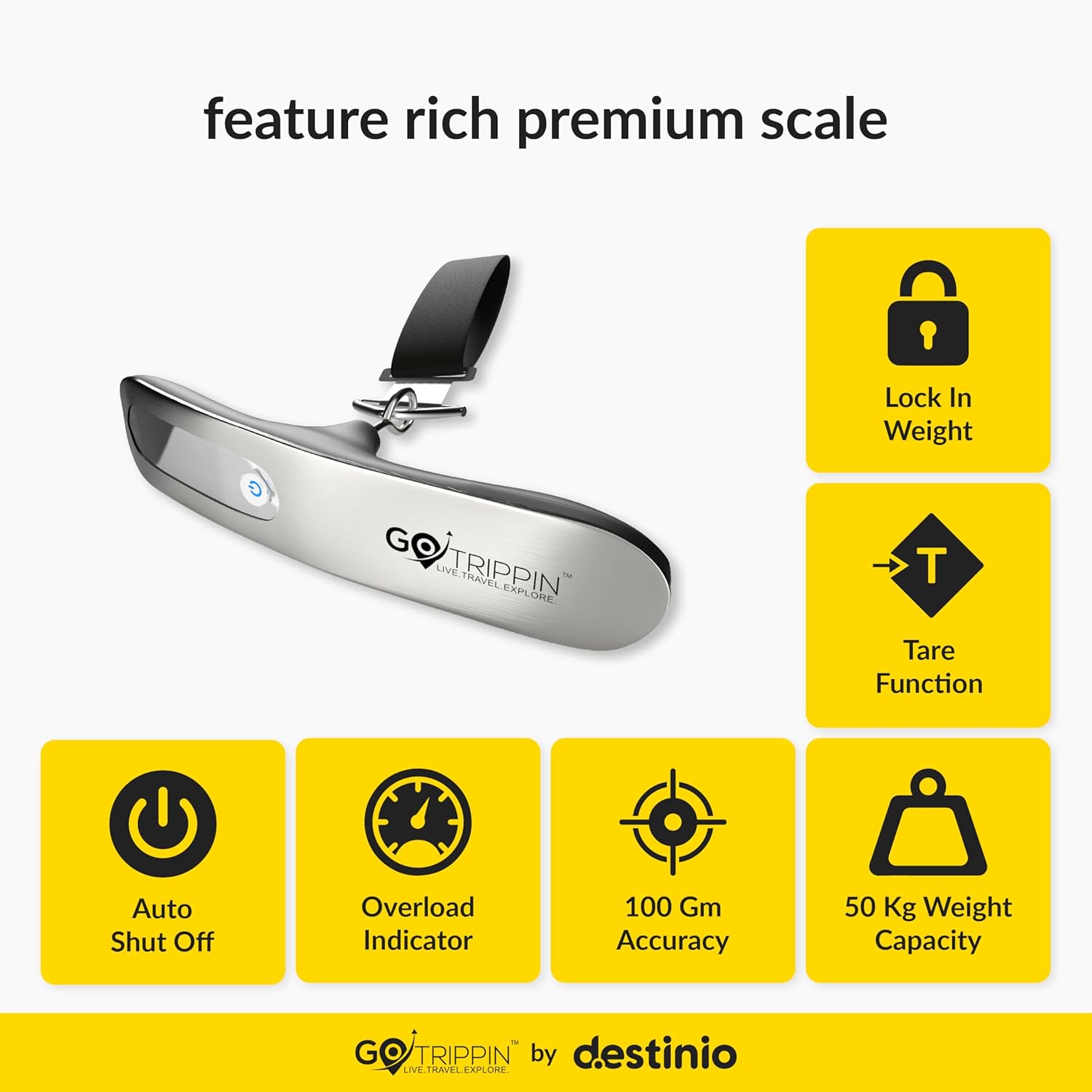 GoTrippin by Destinio Weight Machine for Luggage - 50 kg capacity, Steel body, Lifetime replacement - Digital Portable Electronic Luggage Weighing Scale for home, travel, flights, bags (Silver, 50 kg)