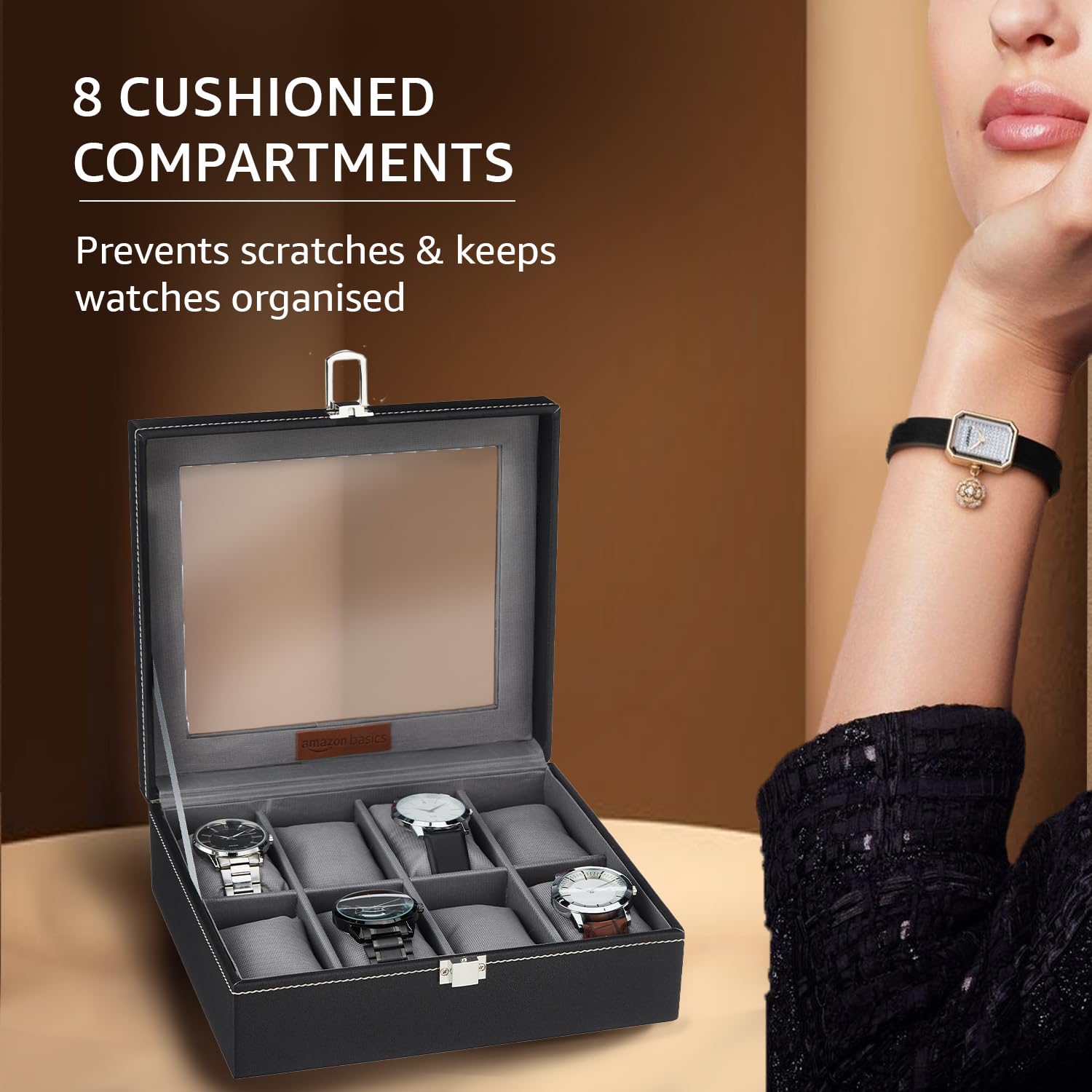 Amazon Basics Unisex Faux Leather Watch Organiser Box with 8 Slots | Watch Organiser with Transparent Lid (Black)