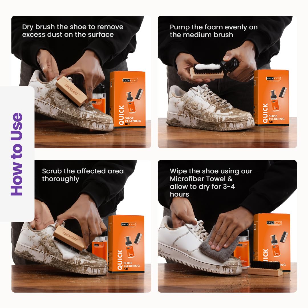 SNEAKARE Quick Shoe Cleaning Kit Shoe Cleaner & Medium Bristle Shoe Brush, White Shoe Cleaning Kit, Shoe Cleaner Kit For Sneaker,Sports Shoe Cleaner Foam Spray