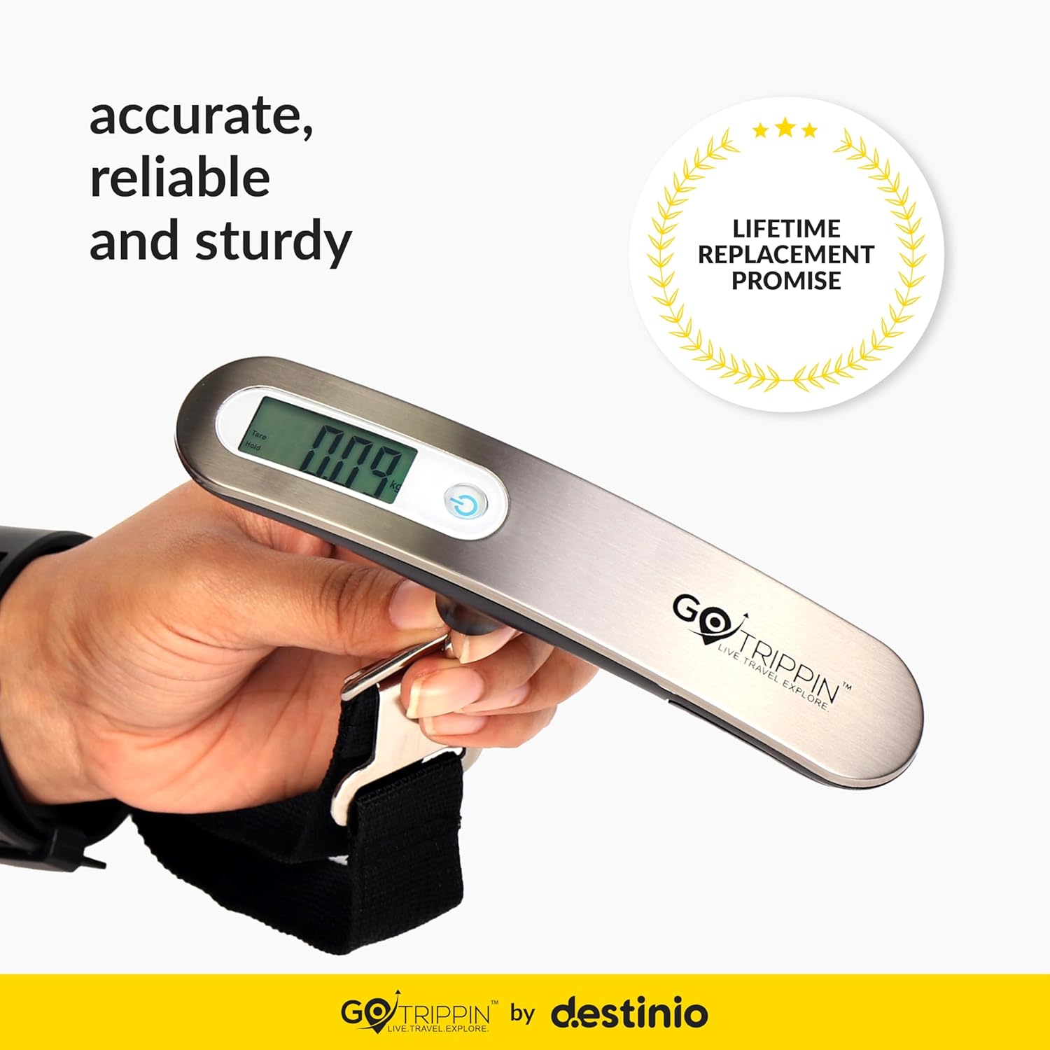 GoTrippin by Destinio Weight Machine for Luggage - 50 kg capacity, Steel body, Lifetime replacement - Digital Portable Electronic Luggage Weighing Scale for home, travel, flights, bags (Silver, 50 kg)