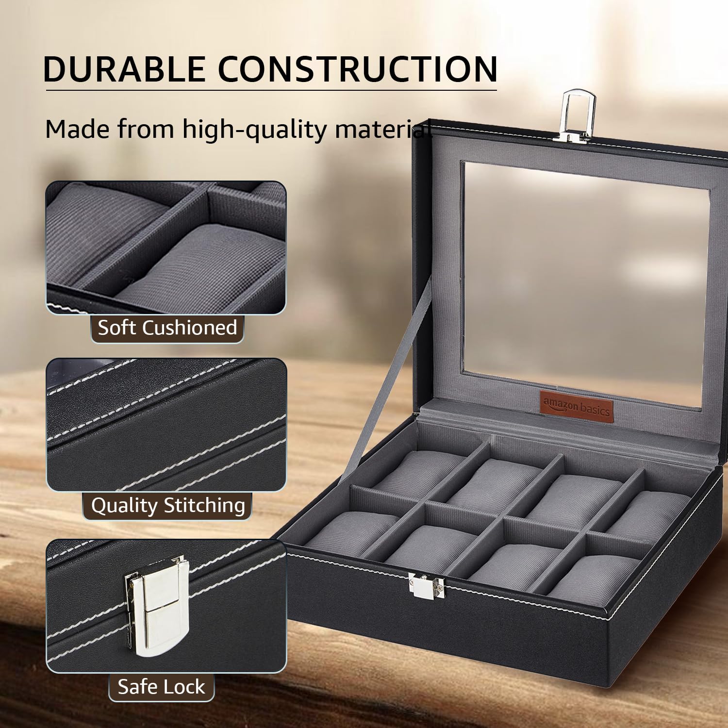 Amazon Basics Unisex Faux Leather Watch Organiser Box with 8 Slots | Watch Organiser with Transparent Lid (Black)