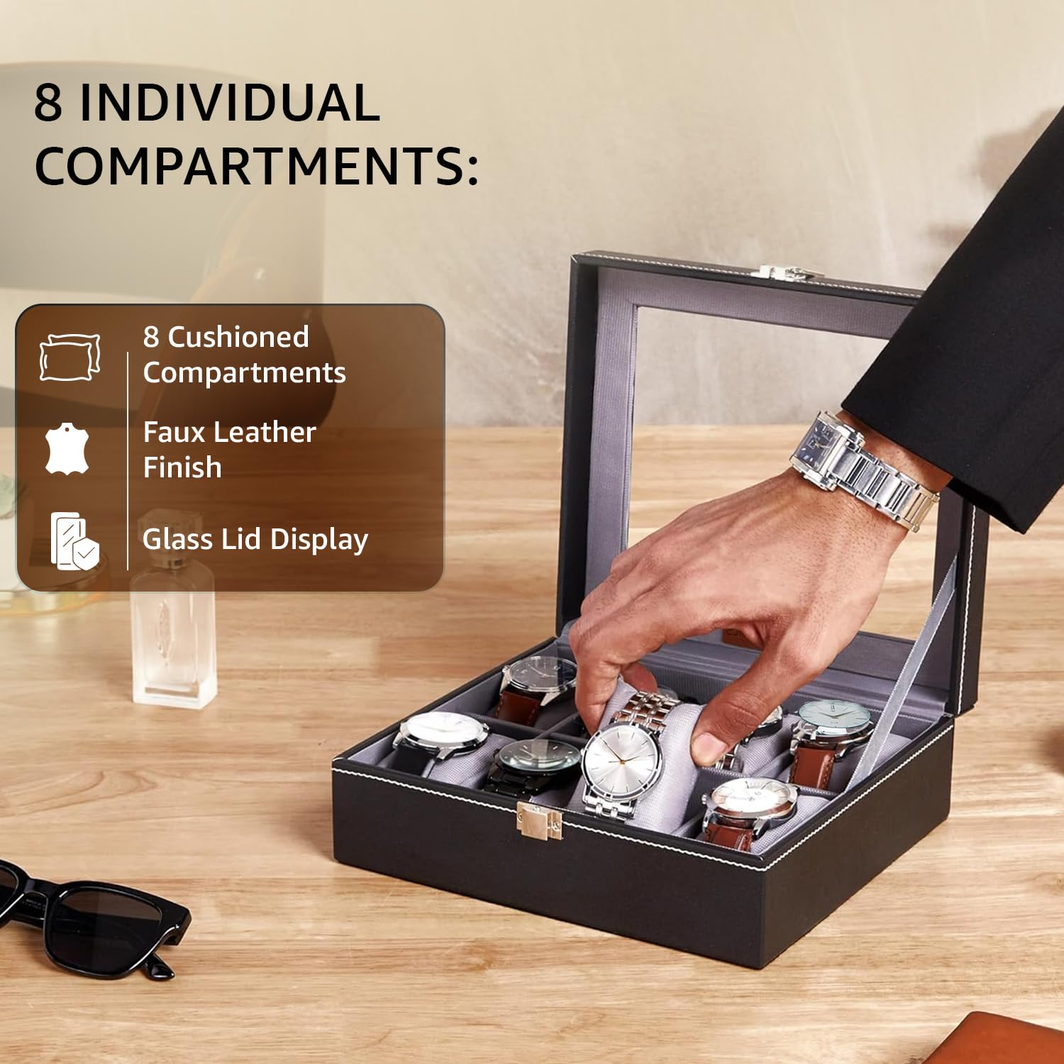 Amazon Basics Unisex Faux Leather Watch Organiser Box with 8 Slots | Watch Organiser with Transparent Lid (Black)