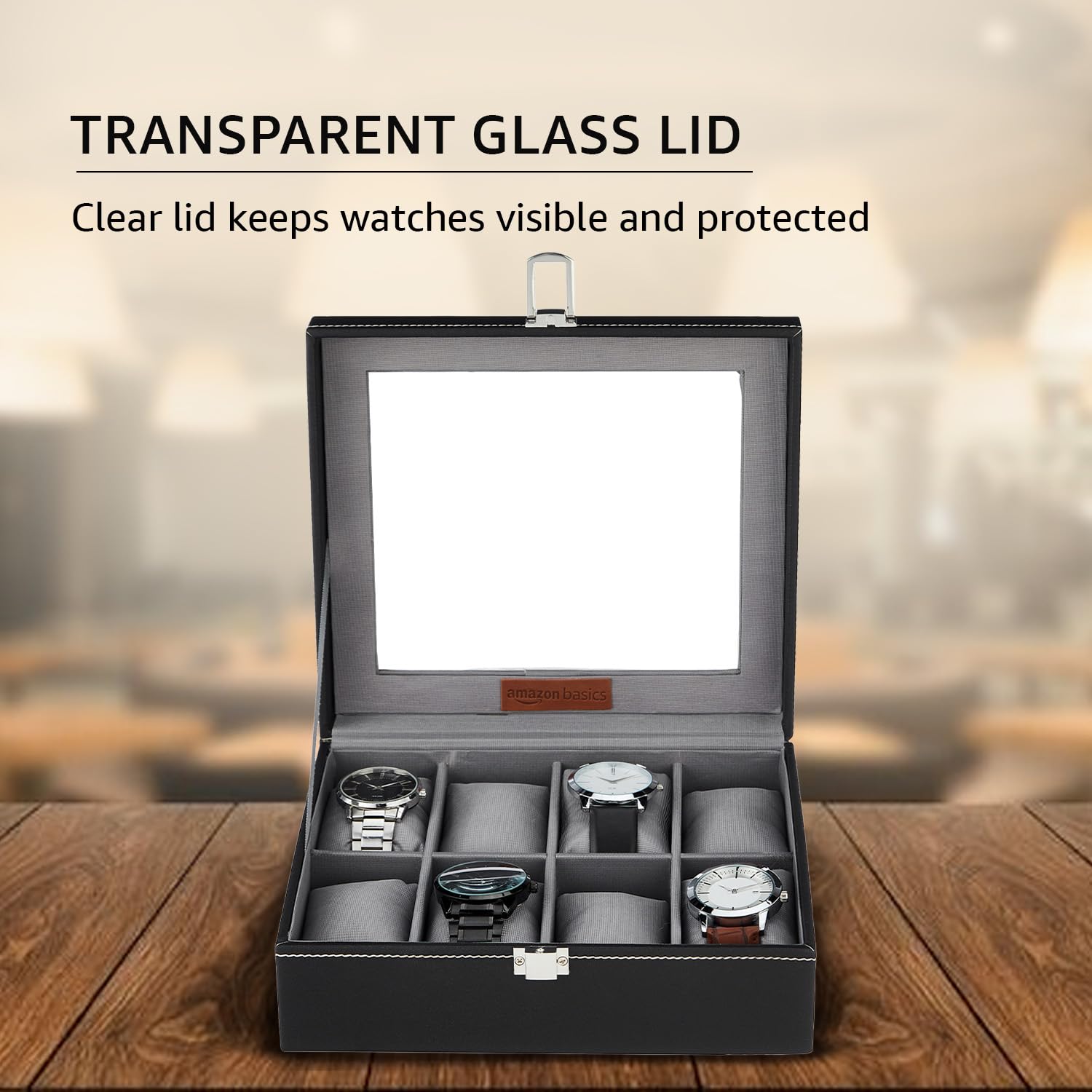 Amazon Basics Unisex Faux Leather Watch Organiser Box with 8 Slots | Watch Organiser with Transparent Lid (Black)