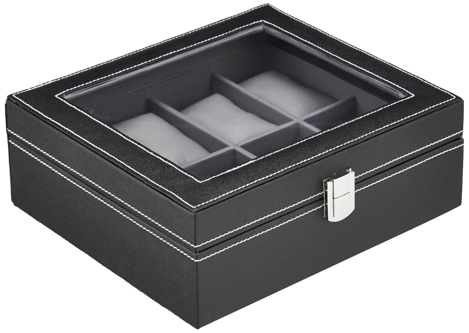 Amazon Basics Unisex Faux Leather Watch Organiser Box with 8 Slots | Watch Organiser with Transparent Lid (Black)