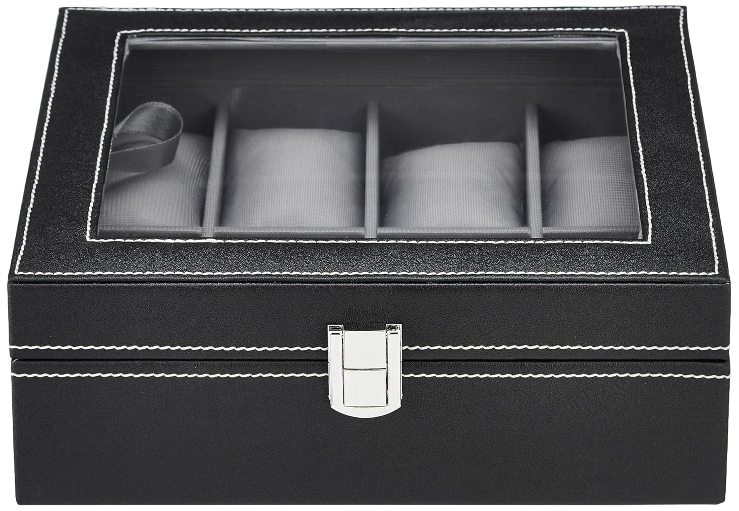 Amazon Basics Unisex Faux Leather Watch Organiser Box with 8 Slots | Watch Organiser with Transparent Lid (Black)